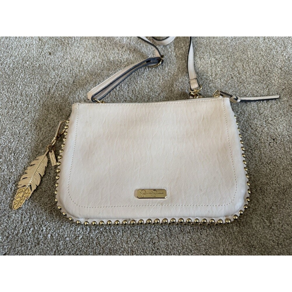 Jessica Simpson  Crossbody Bag  Ivory Gold Purse Detachable Strap Feather Summer